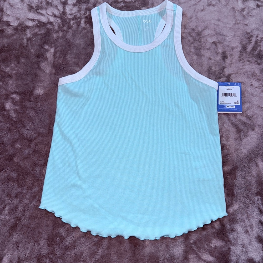 DSG Cotton Rib Tank Girls L 14 Waterscape‎ NEW Ribbed Lettuce Hem Racerback